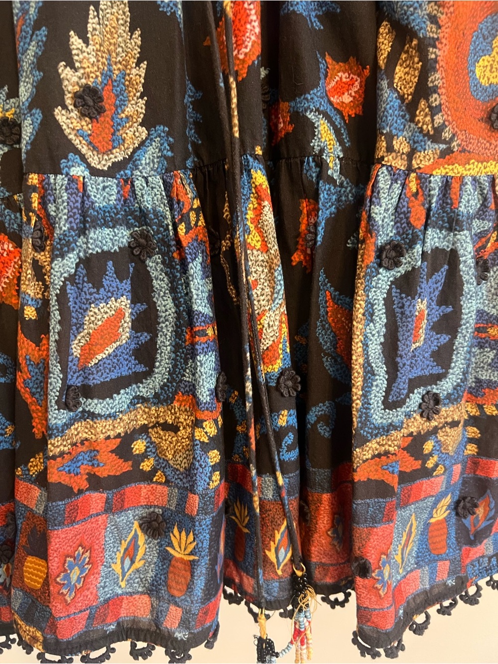 Farm Rio Black Latina Scarf Tapestry Embroidered Puff Sleeve Mini Dress Size M - Picture 9 of 9